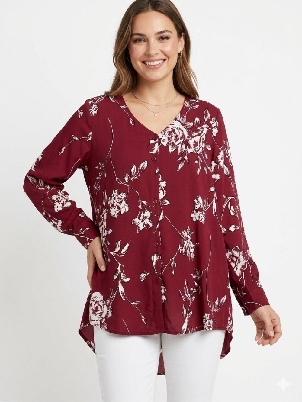 Ophelia Rose Rust Red and White Floral V-Neck Blouse